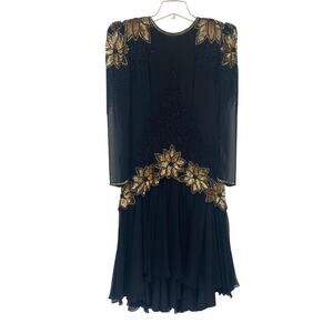 Black Tie Vintage 80s Black Beaded Gold Floral Drop Waist Dress Size 8